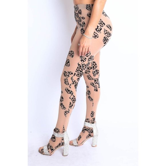 Women's Glittered Leopard Printed Mesh Footed Leggings Pants S M L - Picture 5 of 15